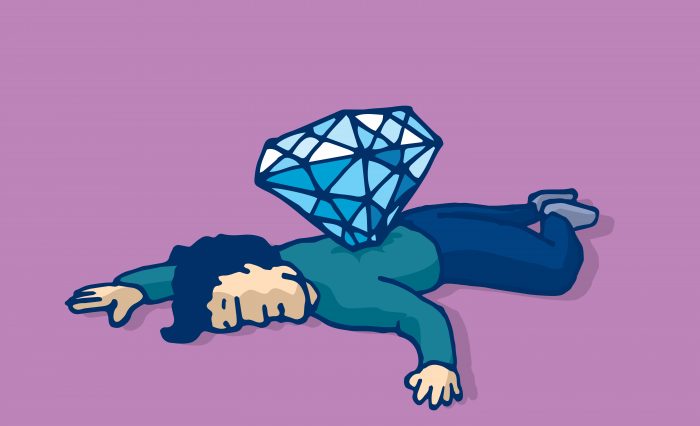 Cartoon illustration of murdered man backstabbed with diamond